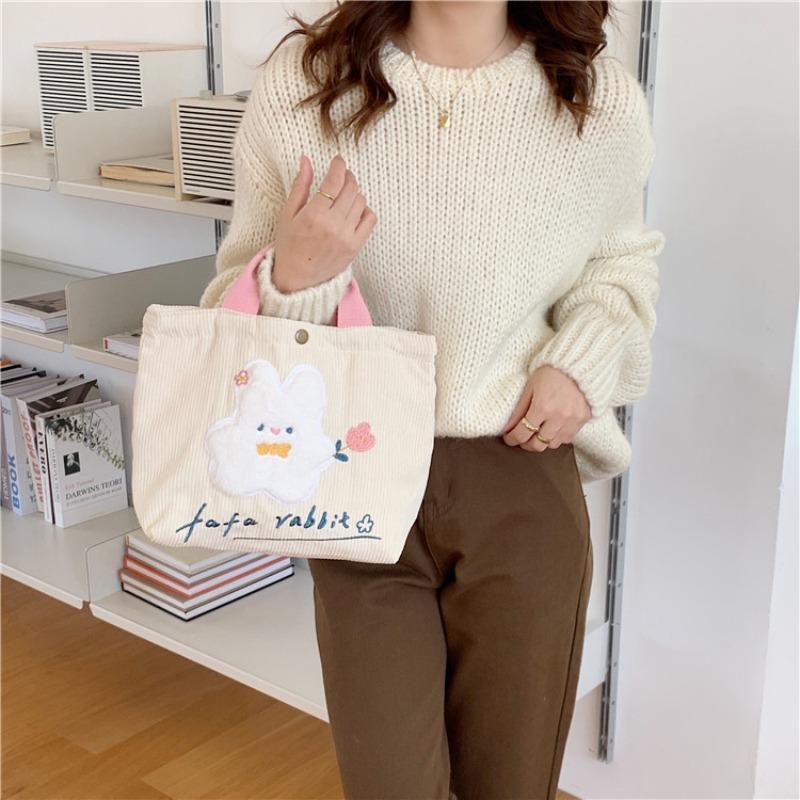 1 Cute cartoon rabbit embroidered canvas bag corduroy tote bag schoolgirl commuting bento bag