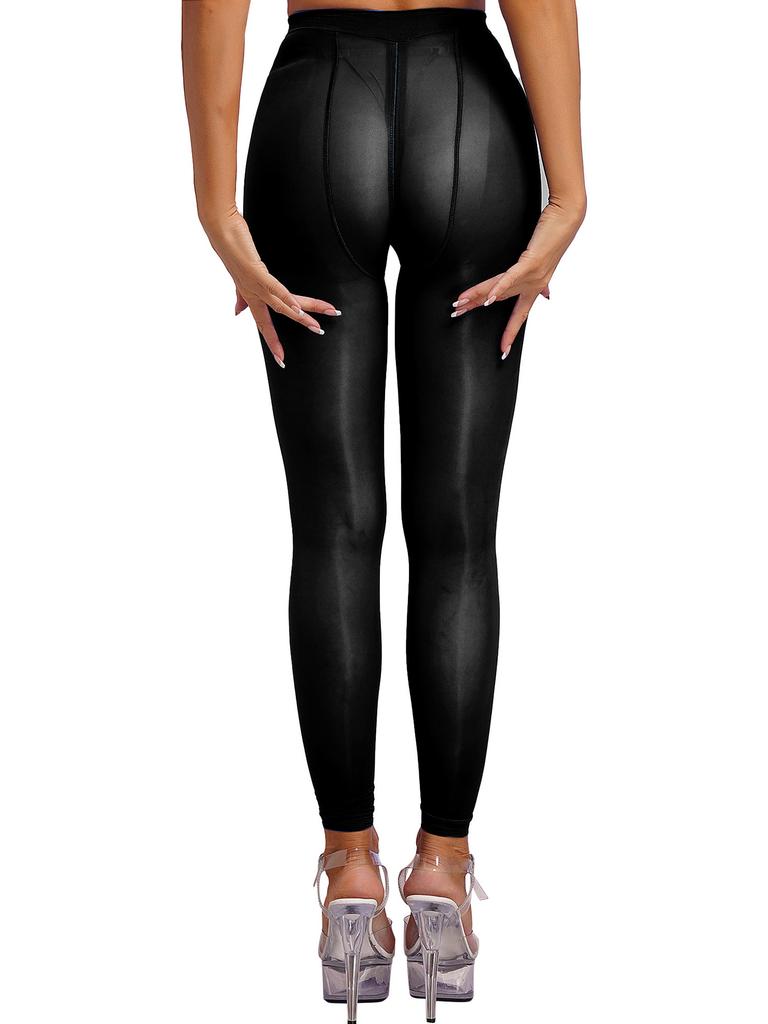 Women Sheer Pantyhose Zipper Crotch Design Stretchy See Through Tights Solid Color Elastic Waistband Leggings