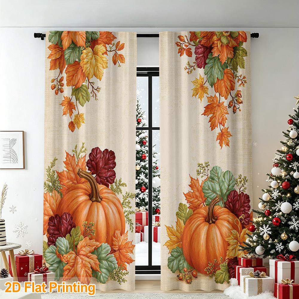 2PCS Thanksgiving Fall Curtains, Pumpkin Maple Leaf, Digital Print, Bedroom Living Room, Office, Bathroom, Dining Room