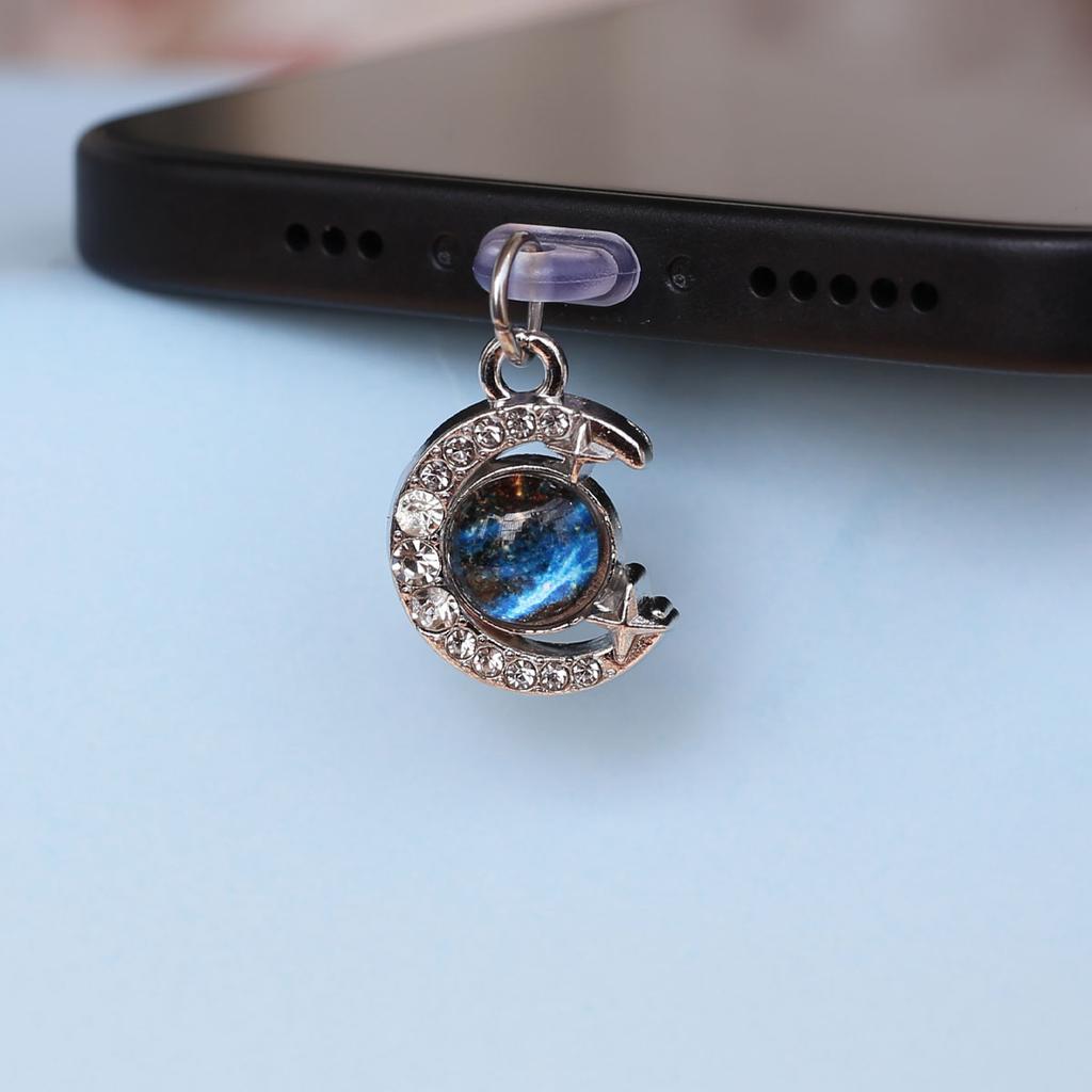 Blue Planet Moon And Star Shaped Mobile Phone Dust Plug Pendant Hanging Decoration Accessories For Iphone Type-c Port Lanyard