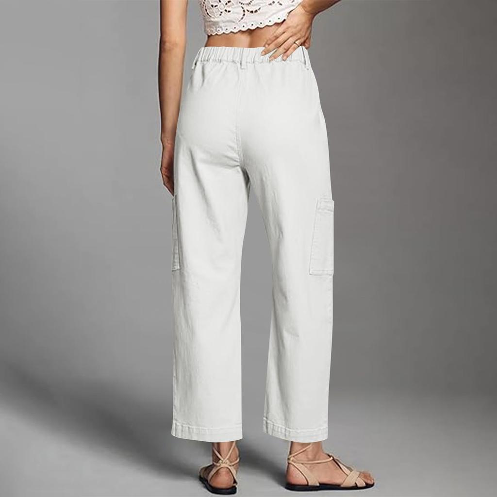 Dámske Elastické Nohavice s Vysokým Pásom Bežného Strihu Široké Dlhé Nohavice S Vreckami