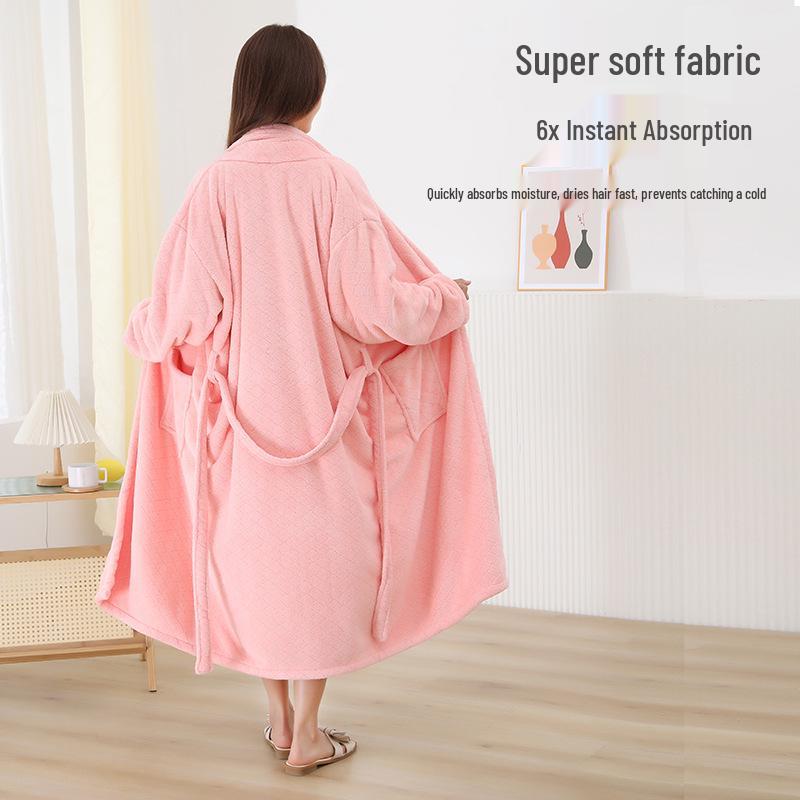 Women's Mid-Length Coral Fleece Yukata: Warm Autumn & Winter Bathrobe with Lapel
