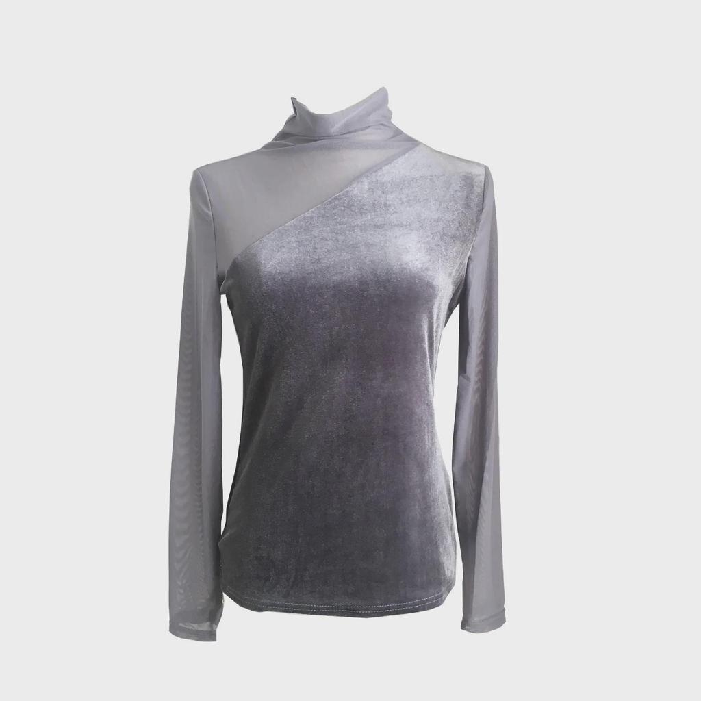 Koronkowy top z półwysokim dekoltem i złotym aksamitem, z siateczkowymi rękawami dla kobiet