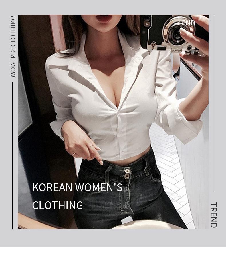 Korean White Cropped Slimming Long Sleeve Shirt for Women