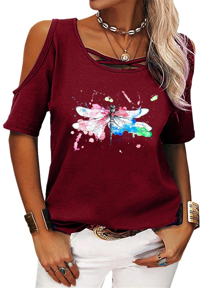 Women Fashion Short Sleeve T-shirt Casual Round Neck Summer Tee Shirt Print Off Shoulder Top