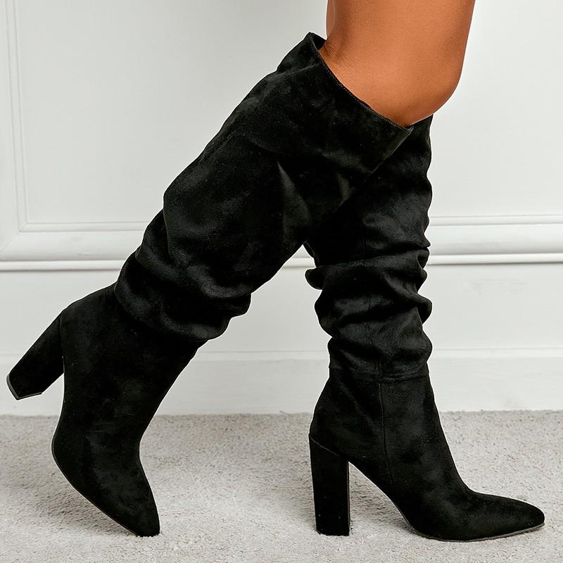 Fall Pleated Tall Boots Fashion Pointed Toe Suede Sleeve Soft Sole Non-Slip Wear-Resistant High Heels