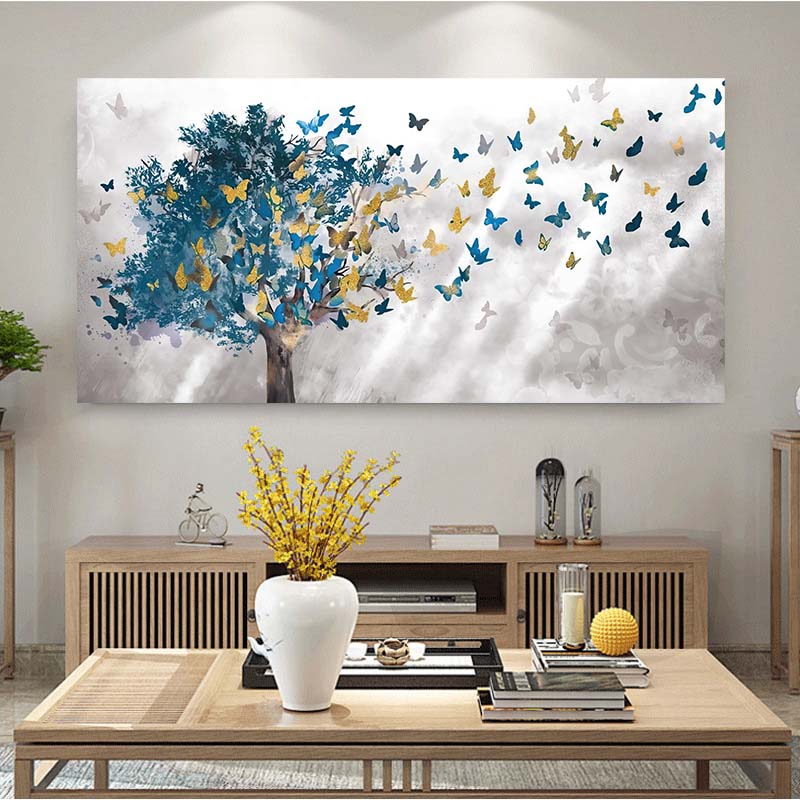 Soyut Mavi Ağaçlar ve Kelebek Tuval Boyama Posteri ve Baskılar İskandinav Resimleri için Oturma Odası Ev Duvar Sanatı Dekoratif