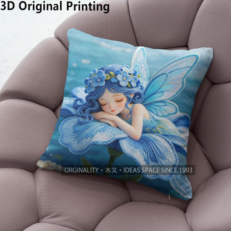 Fairy In Blue Flower Throw Pillow Covers Pattern Cushion Cover Suitable For Sofa Bedroom Car Pillow Cover