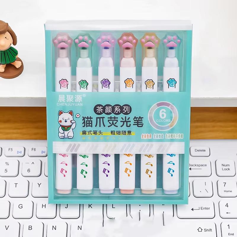 1box/6pcs Kawaii Cat Claw Fluorescent Marker Pen Student INS Style Cute Soft Head Art Graffiti Pen School Children's Supplies