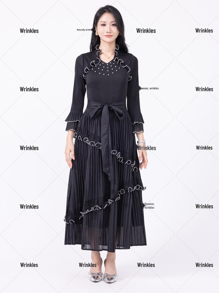 Miyake Pleats Maxi Dress: Light Luxury Ruffle Design, African Style Women's Clothing