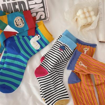 Illustrated Socks Medium Tube Socks Cute Striped Stacked Socks Funny Cartoon Doll Embroidered Pure Cotton Socks