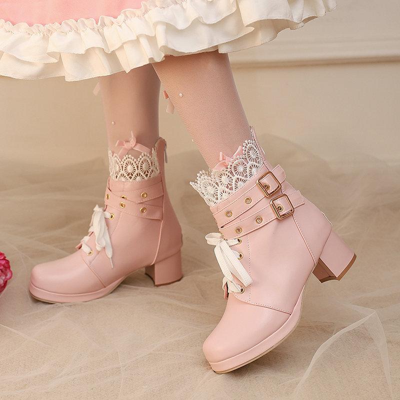  Short Boots Hollow Lace Belt Buckle LO Lolita Shoes Student Dress Short Boots and Ankle Boots