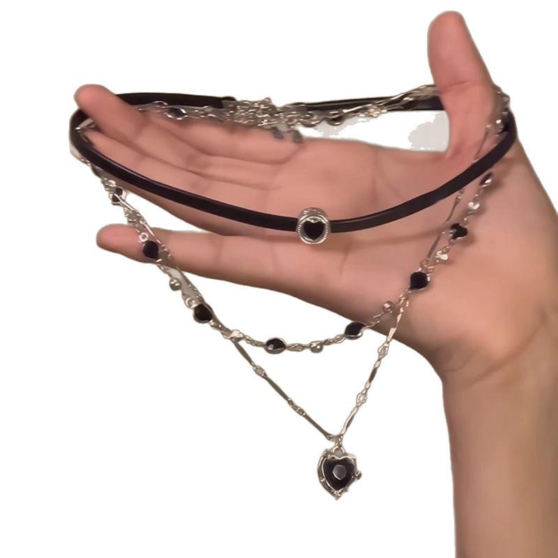 Black Rope Sweet Cool Heart Layered Leather Choker Necklace for Women