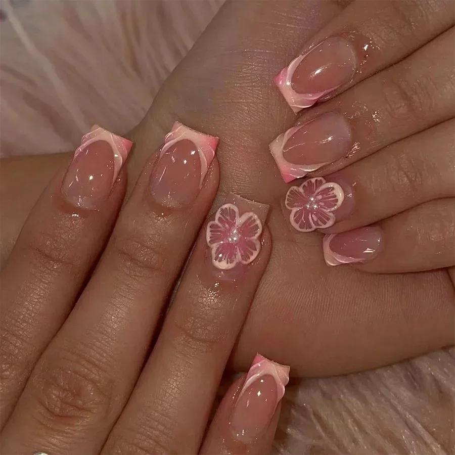24Pcs Pink Flower Square Fake Nails With Glue Cute White Artificial Press On Acrylic Nails Wearable False Nails