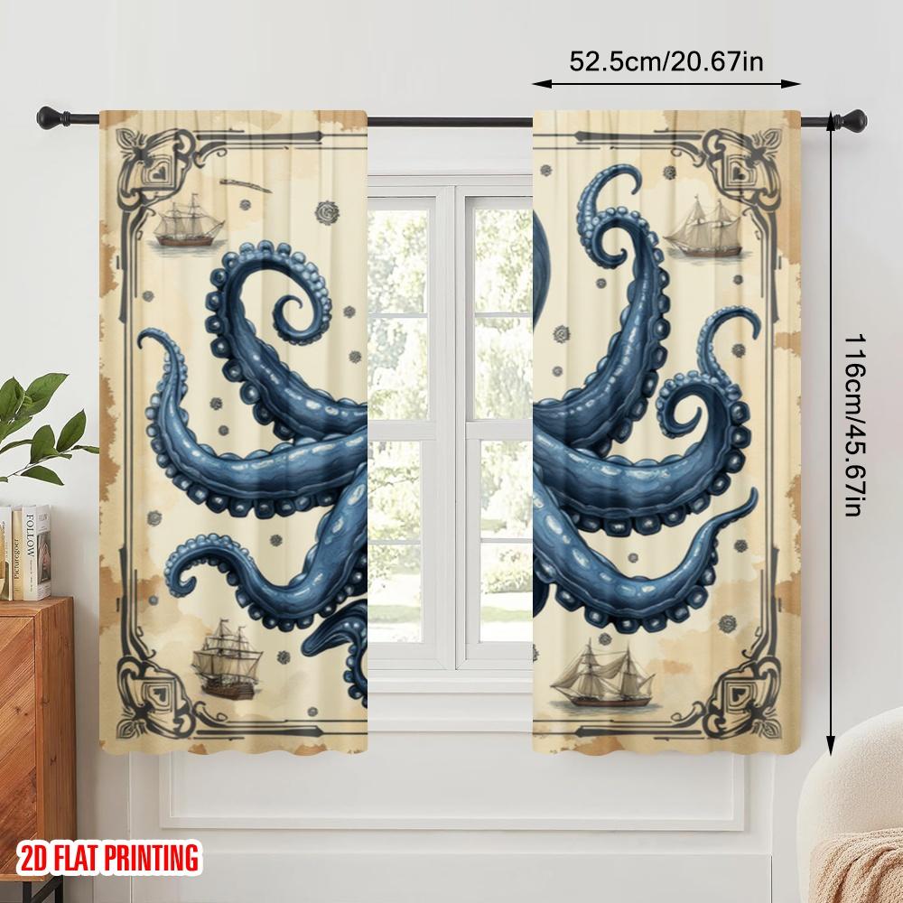 2pcs,2D Plane Printing Print Curtains Nautical Kraken Versatile Fabric (without Rod) All Seasons Use for Living Room, Office,