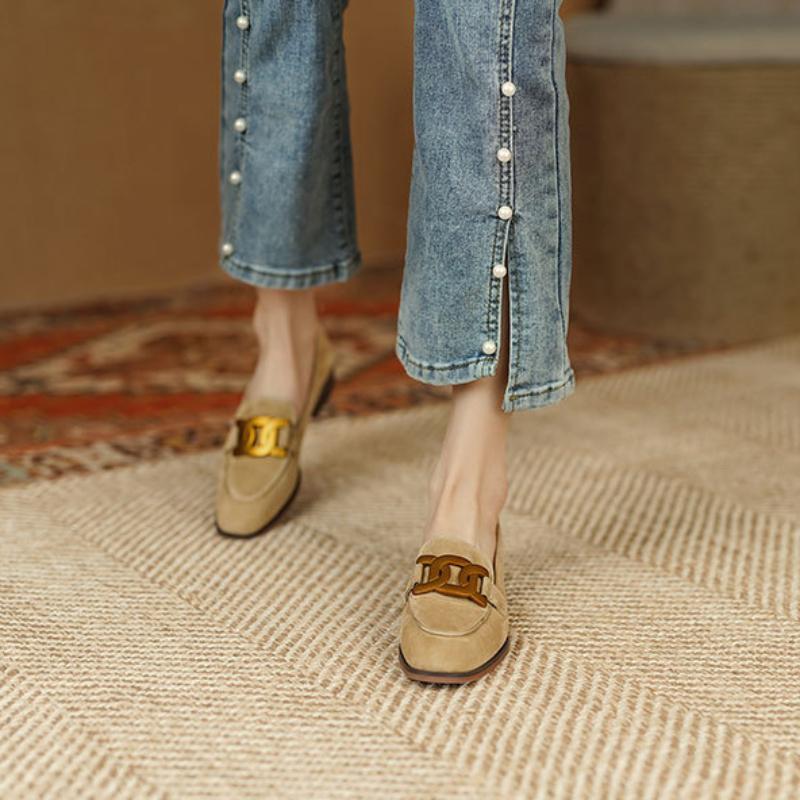 Fashion Women Retro Metal Buckle Loafer 2025 French British Style Fashion Elegant Square Toe Chunky Heels Pumps Party Flat Casual Shoes