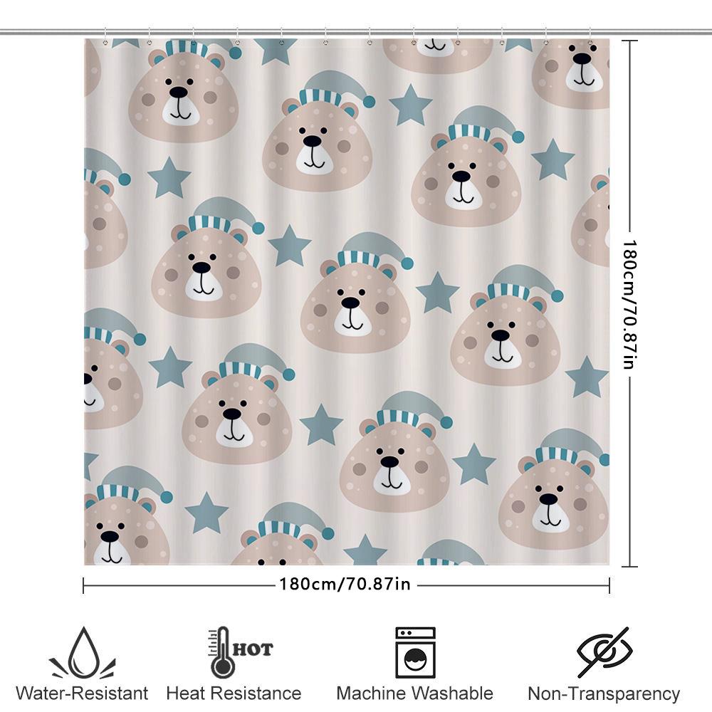 Cute Bear Pattern Shower Curtain For Home Decoration Waterproof Bath Accessories White Blue Stripes Design