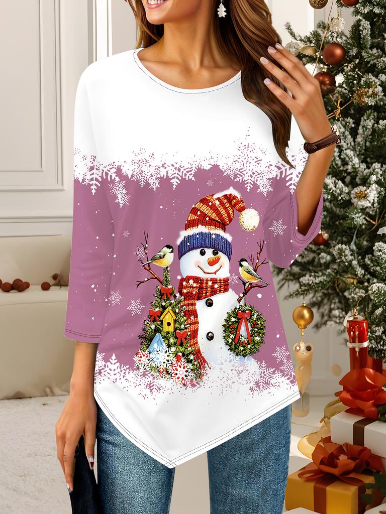 Women's Loose Round Neck Three Quarter Sleeve Tee 3D Christmas Pattern Ideal Halloween and Christmas Gift