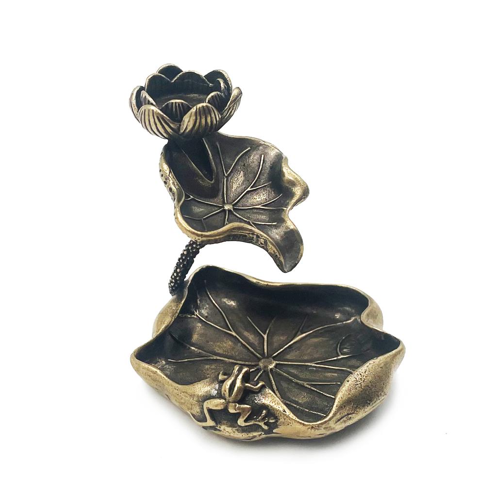 Rückfluss-Räuchergefäß aus antikem Messing mit Lotusblatt-Motiv, Dekorationen, massives reines Kupfer, Frosch, Lotusteich, Räuchergefäßhalter, Ornamente, Tee-Haustiere