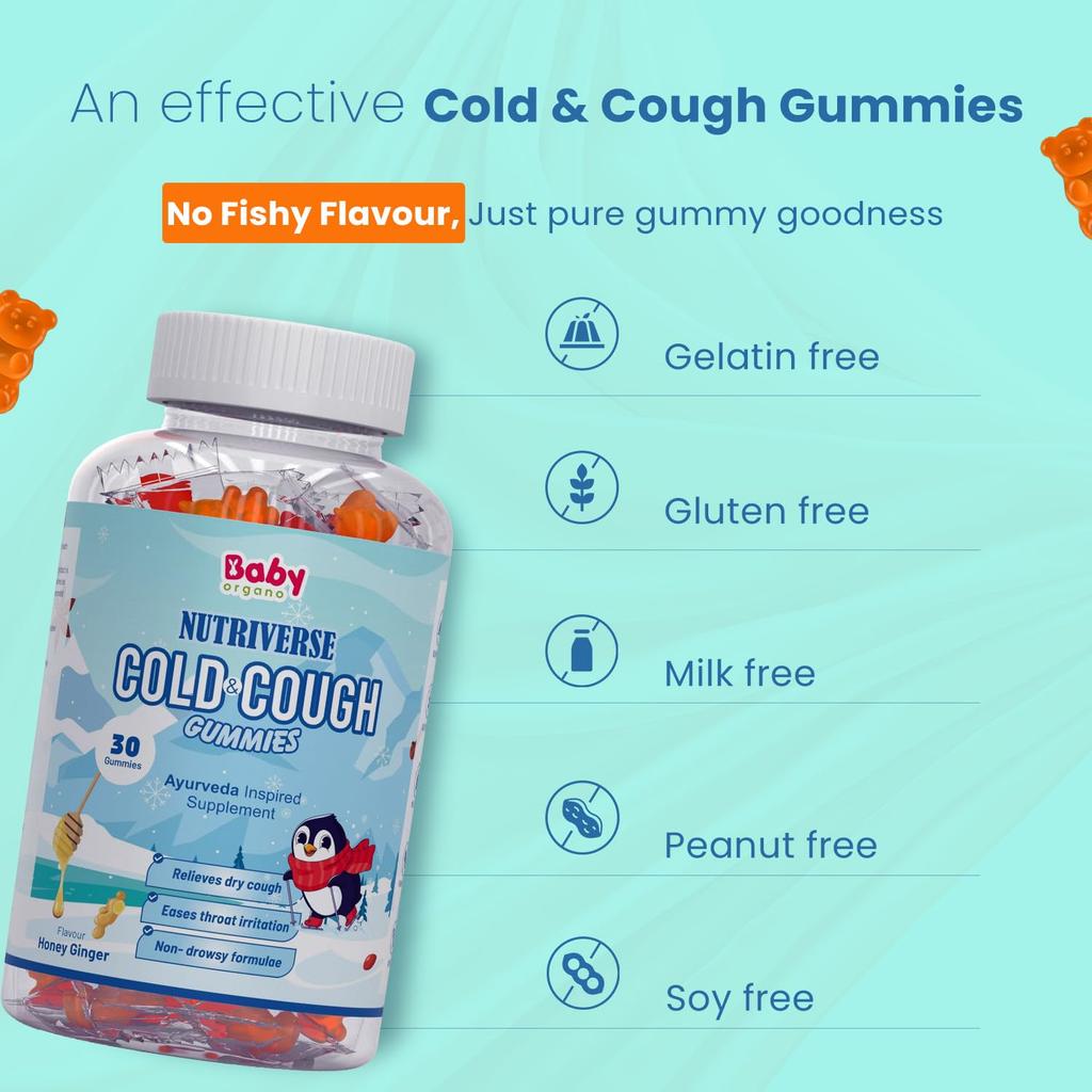 Babyorgano Nutriverse Cough & Cold Relief Gummies For Kids (2-15 Yrs) |30 Gummies |Relieve Dry Cough, Throat Irritation|Non-Drowsy