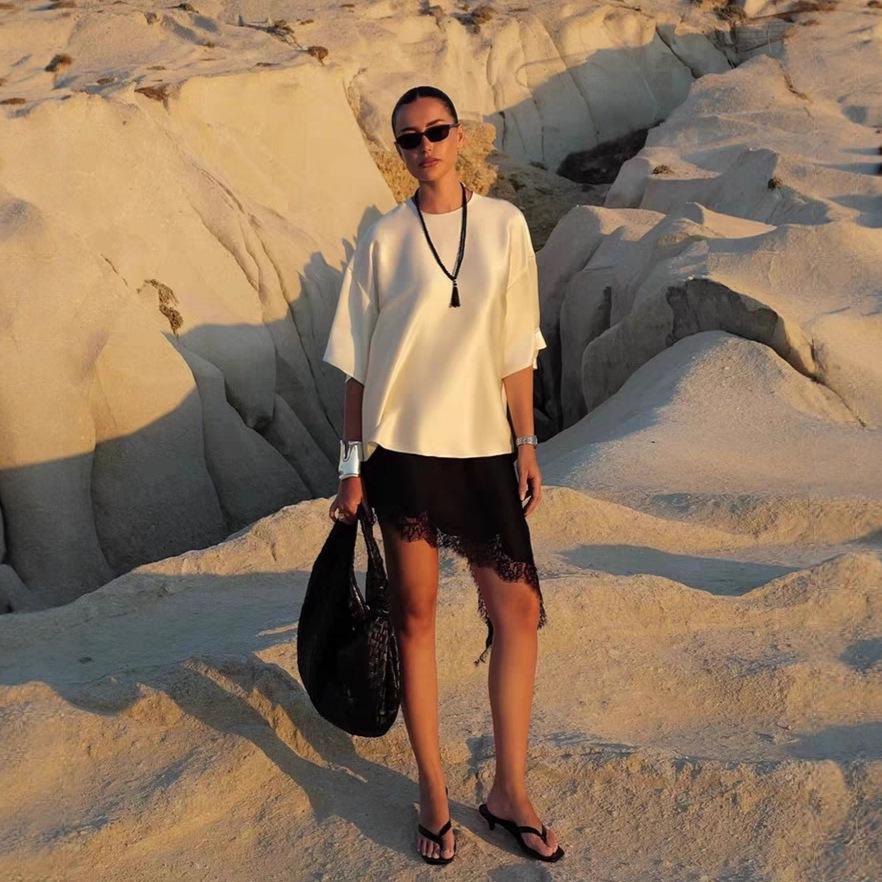 Women s Pearlescent Silk Acetate Satin Short-Sleeve Loose Top with Cool Feel Large