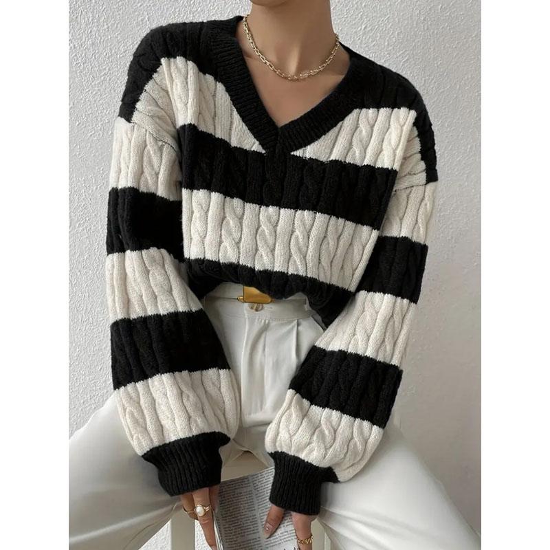 Women's Autumn and Winter V-neck Twisted Flower Pullover Sweater for Women's Clothing