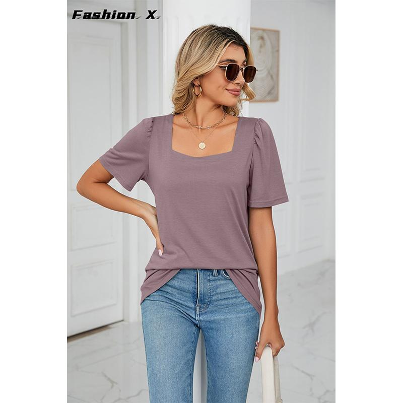 Printemps et Été Nouveau T-shirt ample à manches courtes et col carré de couleur unie Tops tricotés Femme