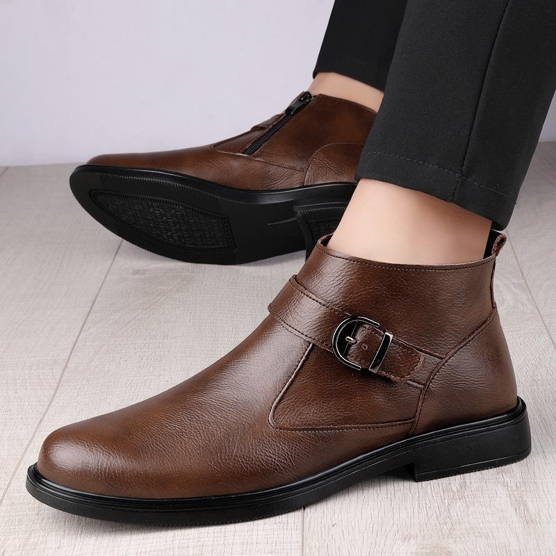 Men's High-Top Leather Slip-On Boots: Formal Casual Cowhide Shoes for Autumn/Winter with Warm Cotton, Large Sizes Available.