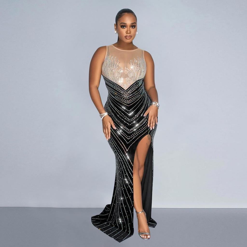 European and American Fashion Women's Sleeveless Rhinestone Round Neck Long Dress