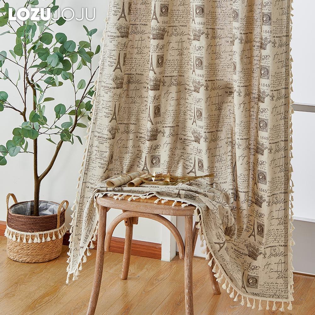 1PC LOZUJOJU Ins Style Vintage Eiffel Tower Printed Durable Tassel Edge Semi Blackout Curtains for Windows Balcony Bedroom Living Room Home Decor