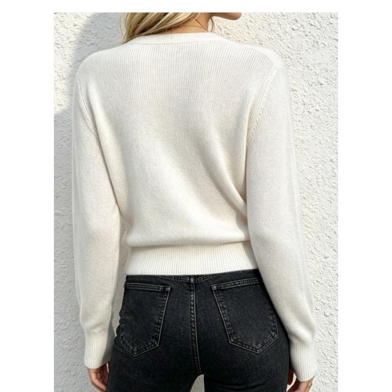 Women V Neck Fitted Long Sleeve Solid Color Knit Sweater Autumn Winter