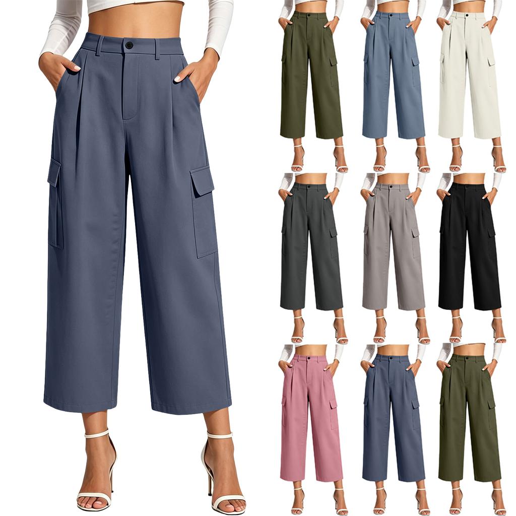 Women's Color Casual Trousers with Cotton Pockets and Button Front Dress Pants