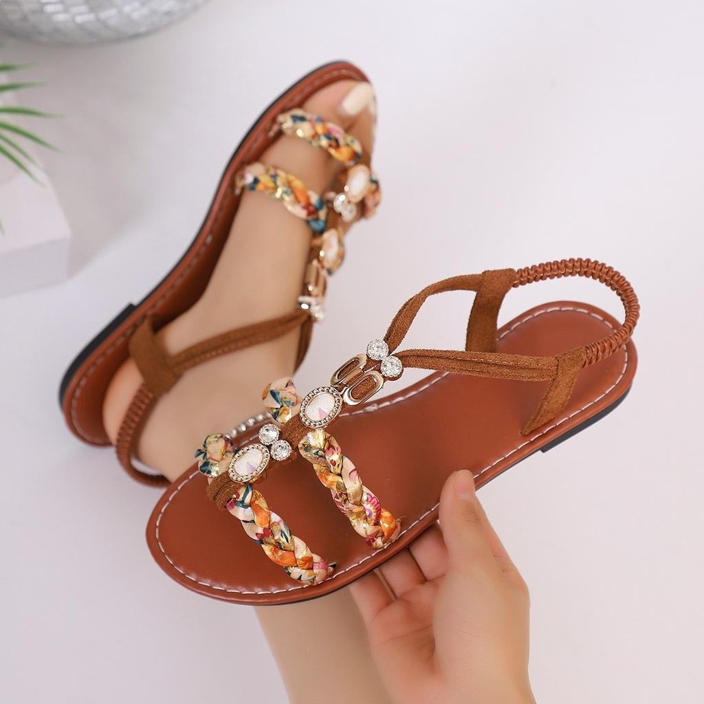 Women's Bohemian Style Sandals, Summer Colorful Woven Beaded Round Toe Comfort Flat Sandals