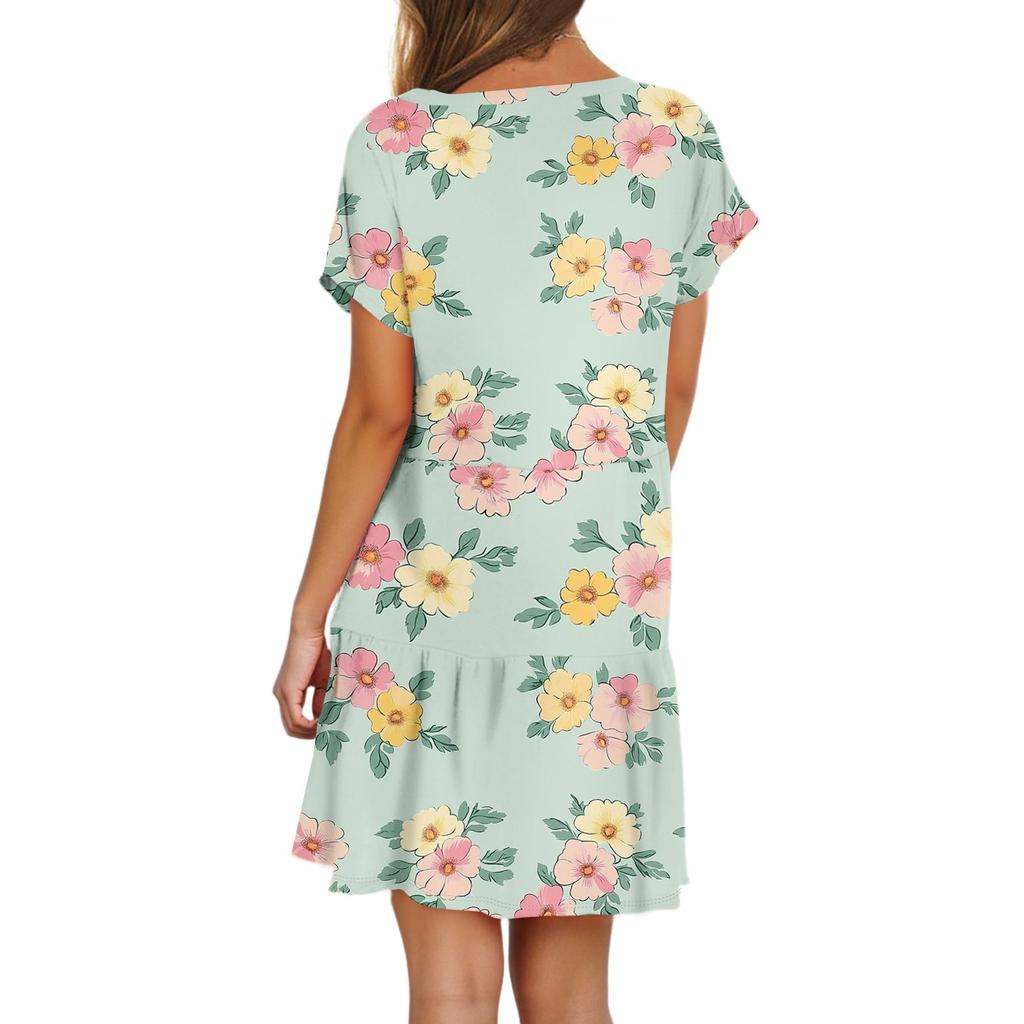 Women's Fashion Casual Round Neck Short Sleeve Ruffle Gradient Printed Dresses