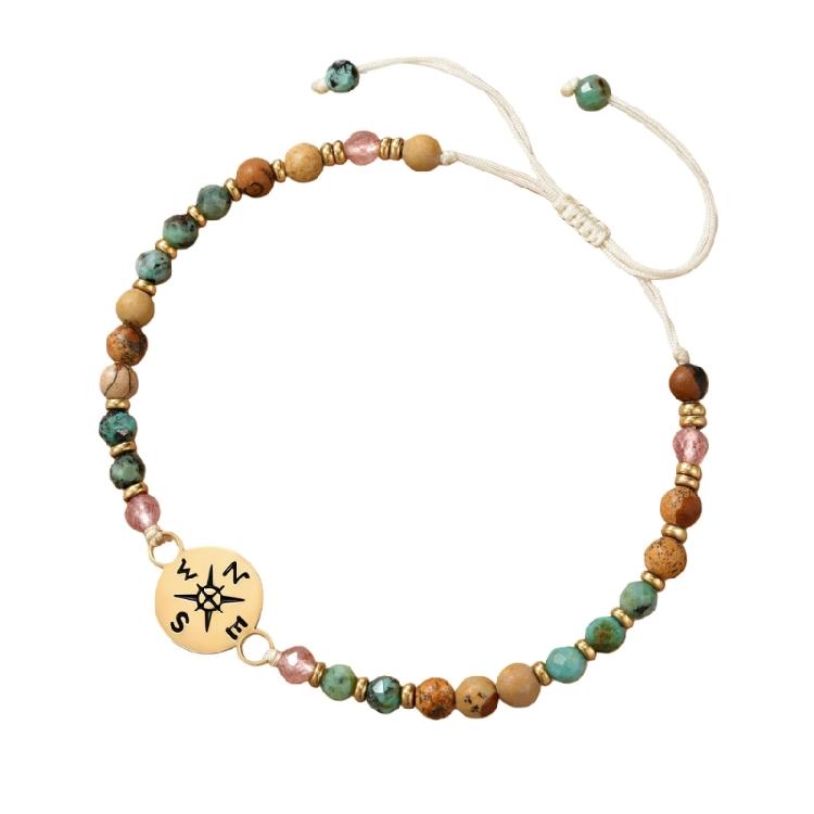 

Fashionable Natural Stone Bracelet Compass Charm and Alloy Detail Braided Rope Beads Wrist Chain for Bold Statements