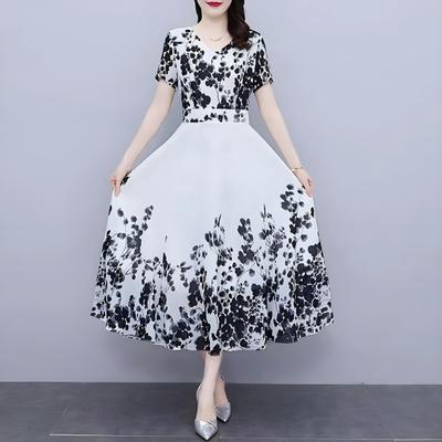 Damen Blumen Maxi Kleid Chinesischer Kunststil Druck A-Linie Langes Kleid Sommer Kurzarm V-Ausschnitt Strand Sommerkleid