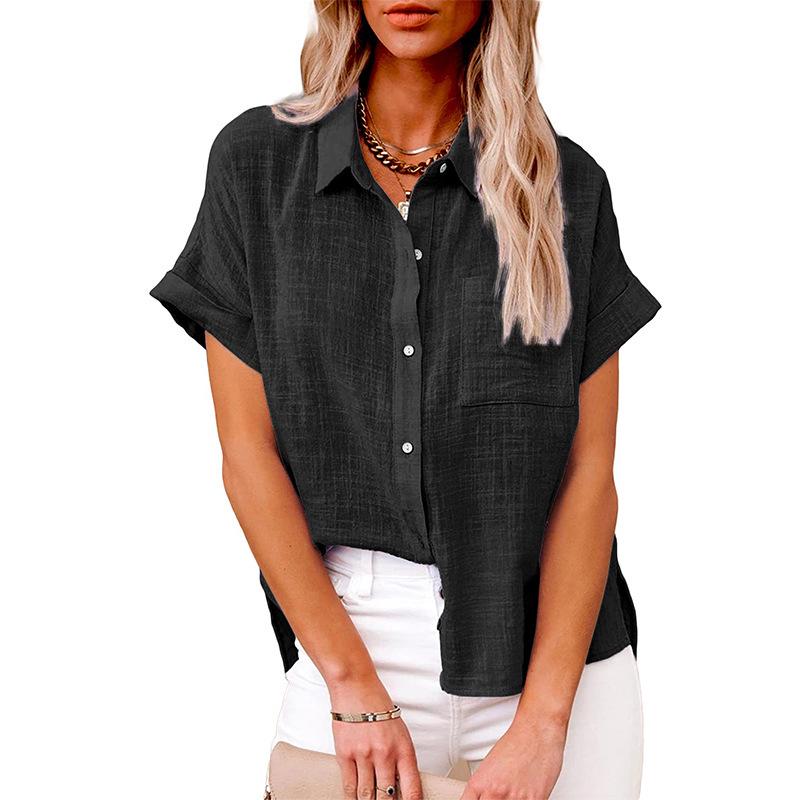 2025 Summer European & American Women's Solid Color Linen Short Sleeve Casual Loose Blouse