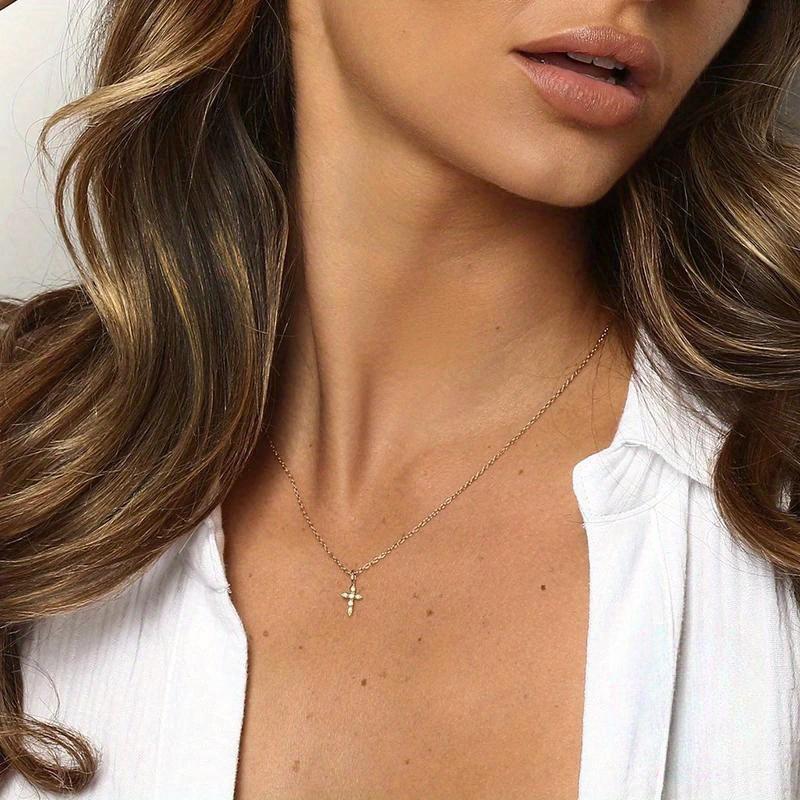 1pc Luxury Golden Plated Cubic Zirconia Cross Clavicle Necklace Suitable for Women Daily Wear Valentine's Day Gift New Year's Gift