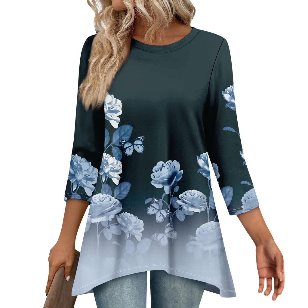 Tunic Tops For Women Loose Fit Prints Tops 3/4 Length Sleeve Womens Tops With Asymmetrical Hem