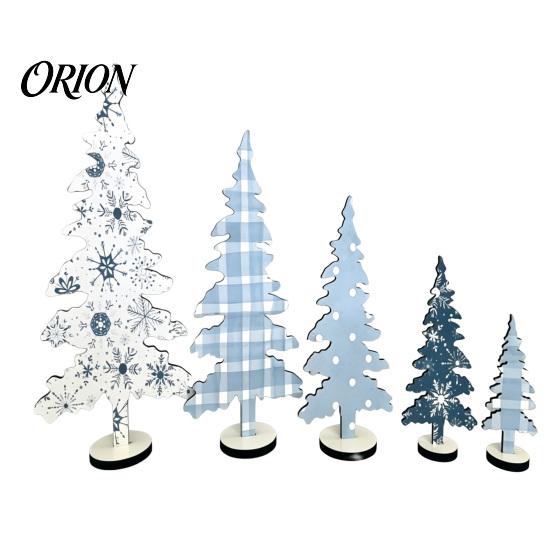 Blue And White Winter Decor 5Pcs Wooden Christmas Tree Ornaments, Nordic Style Indoor Holiday Home Accents Plaid/Snowflake/Polka Dot Desktop