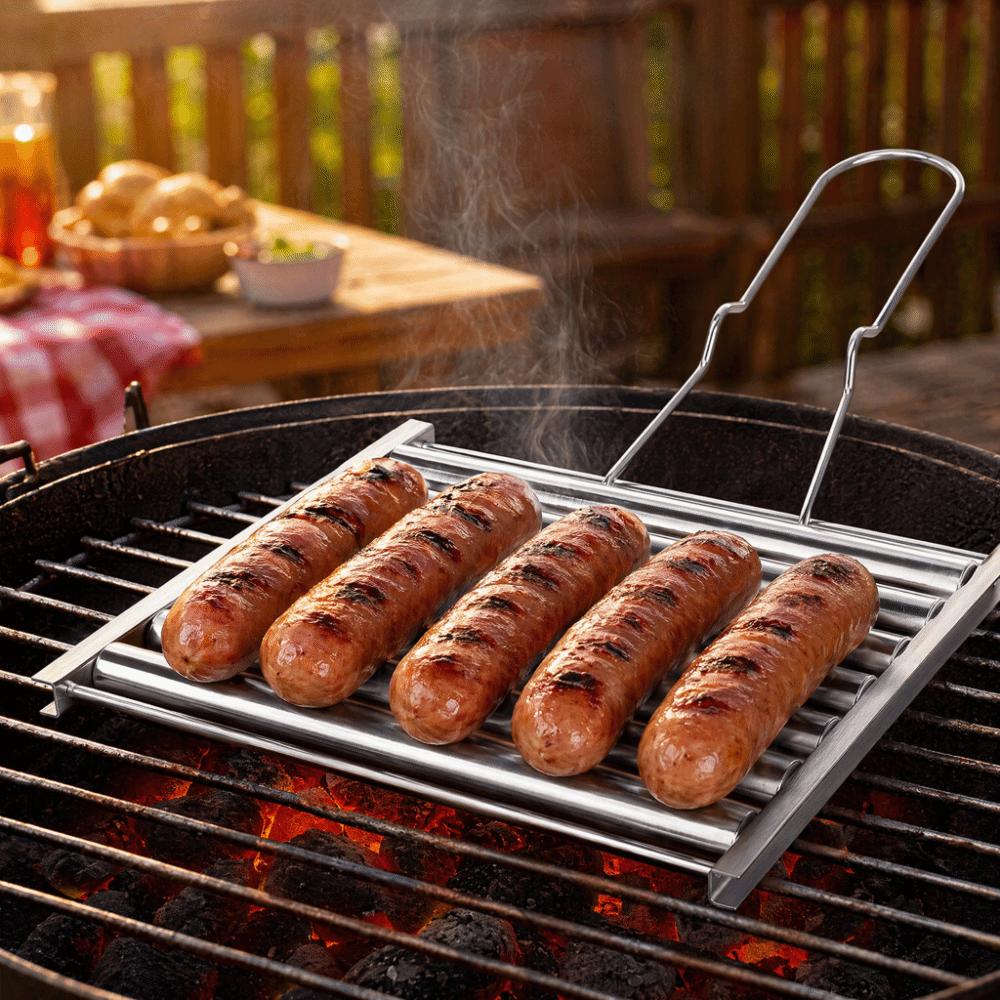 Foldable Handle Hot Dog Roller Stainless Steel BBQ Grill Rack Sausage Roller Rack Outdoor BBQ