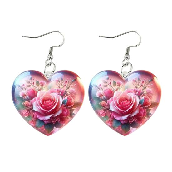 

1 Pair Hook Earrings Rose Flower Pattern Heart Shape Charm Drop Earrings Vibrant Color Mother Day Gift Jewelry Accessories рожевий