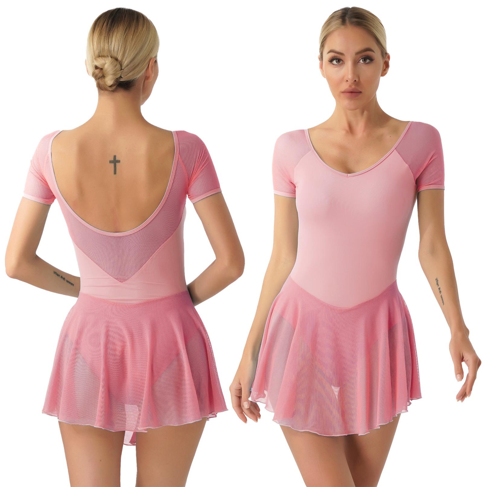 Ranrann Womens volwassen danstraining kostuum korte mouw backless jurk mesh patchwork ballet gymnastiek turnpakje jurken XXL