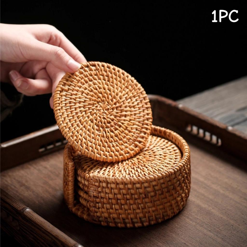 Retro Style Round Rattan Coasters - Natural Woven Fabric Placemats for Home And Kitchen Decor, Perfect for Dining Tables
