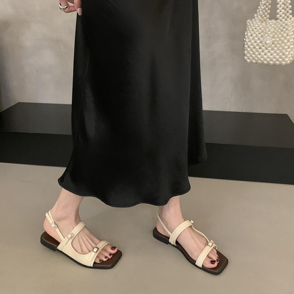 Design sense one word belt buckle flat Roman sandals women's summer seaside vacation with skirt beach shoes