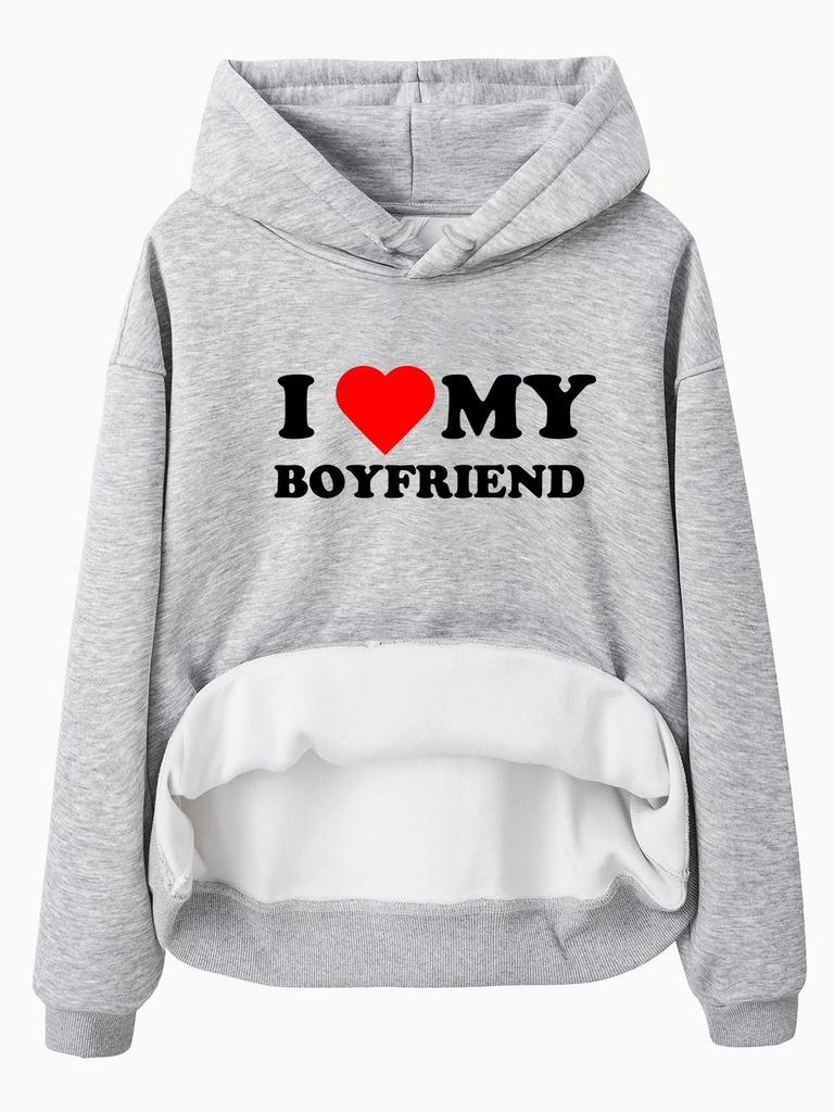 European & American Women's Fleece-Lined Hooded Sweatshirt with Kangaroo Pocket - Valentine's Day Print