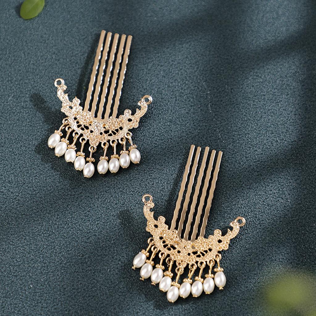 1 Paar Retro Chinesischer Stil Haarschmuck Goldfarben Metall Haarkämme Perlen Anhänger Dekor Frauen Mädchen Hanfu Kleid Party Haarnadeln