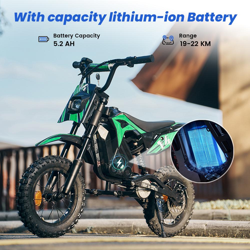 A14 Kids ELECTRIC DIRT BIKE 14 Inch 500W Motor 36V5.2Ah Battery 20-22km Range Shock Absorption, Bluetooth LED Lights