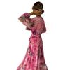 Women's Long Sleeve V Neck Watercolor Print Ruffle Hem Maxi Dress with Belt