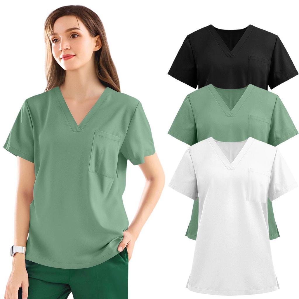 3PC Women's Fashion Solid Short Sleeve V Neck Pattern Tops Pocket Working T-shirts